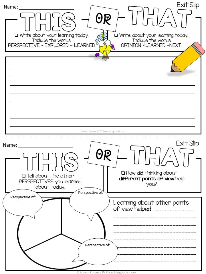 IB PYP Assessing Concepts - This or That Exit Slips